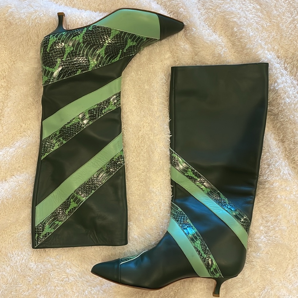 Tibi Green Python Boots W/Kitten Heel - image 1